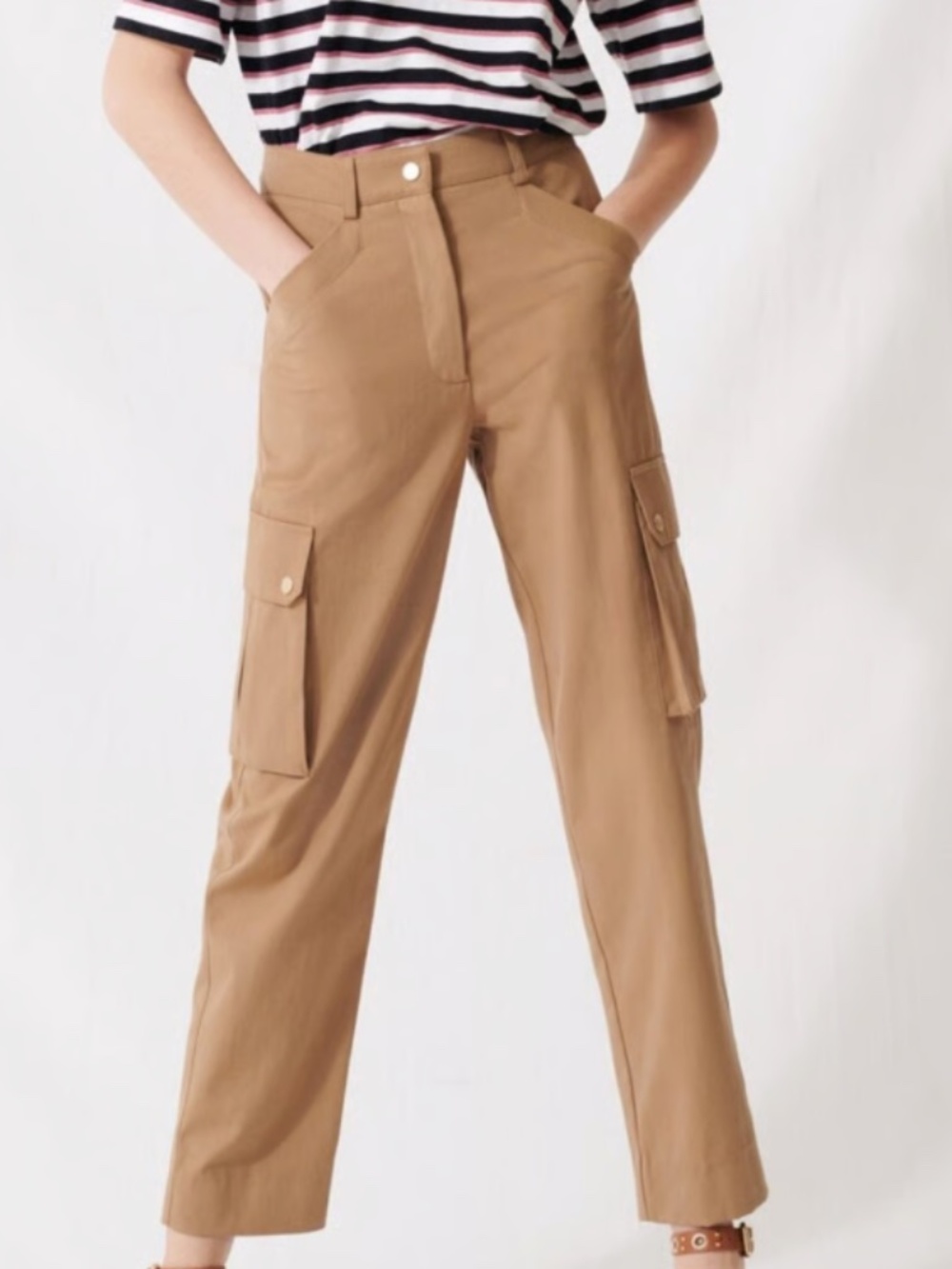 Maje Pekkan-Style Khaki Cargo Pants Gold Buttons 100% Cotton Size 40 US 8
